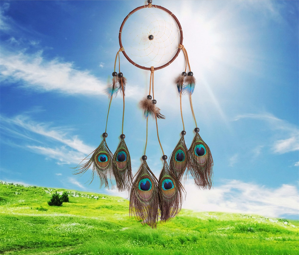 wall feathers circular net dream catcher handmade with peacock