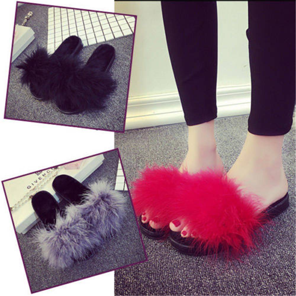 Women Feather Sliders Slippers Feather Fluffy Marabou Mules Open Toe ...